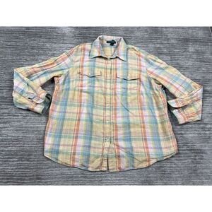 Lauren Ralph‎ Lauren Top 2X Pastel Plaid Linen Cotton Convertible Sleeve Pocket